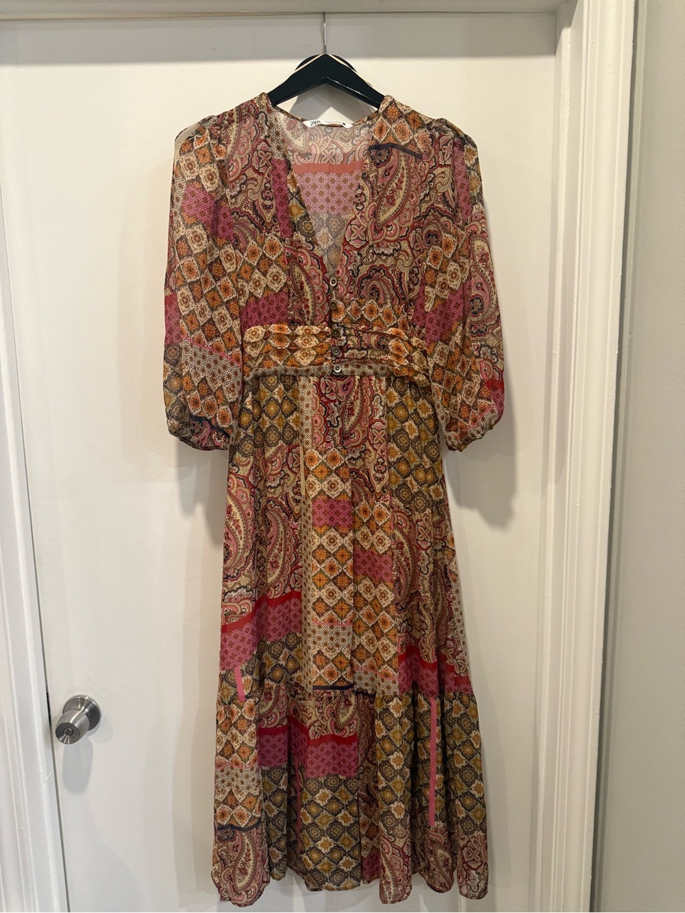 Zara Paisley Patchwork Midi Dress in Pink and Mustard